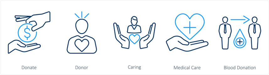 A set of 5 Charity and donation icons as donate, donor, caring