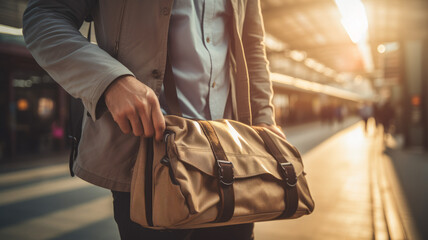 A man with a bag waiting for a train at the station