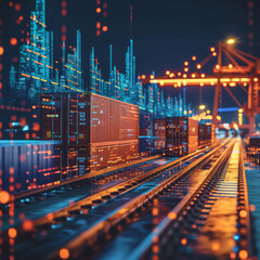 Futuristic Freight Train at Industrial Port.
Colourful freight train with digital overlays at a container terminal at night.