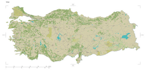 Türkiye shape isolated on white. OSM Topographic Humanitarian style map