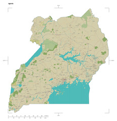 Uganda shape isolated on white. OSM Topographic Humanitarian style map