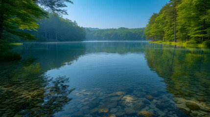 A pristine lake, with crystal-clear water as the background, during a serene summer morning