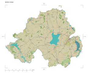 Northern Ireland shape isolated on white. OSM Topographic Humanitarian style map