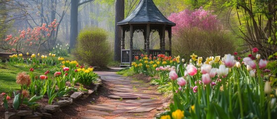 A spring garden path lined with Easter lilies and tulips, leading to a charming gazebo - obrazy, fototapety, plakaty