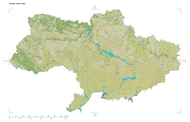 Ukraine between 2014 and 2022 shape isolated on white. OSM Topographic Humanitarian style map