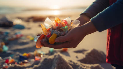 Hands collect plastic waste on beach, promoting environmental stewardship.