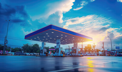 Gas fuel station with clouds and blue sky - Powered by Adobe