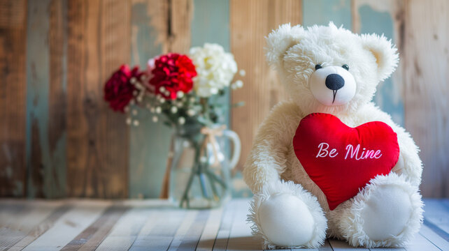 White teddy bear holding a red heart pillow "Be Mine". Romantic background for greeting card, banner.  Be my valentine theme. Concept Valentine celebration and love declaration.  