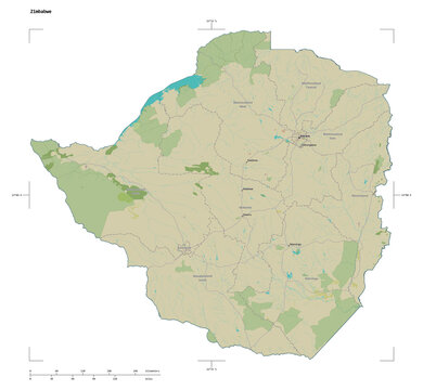 Zimbabwe shape isolated on white. OSM Topographic Humanitarian style map