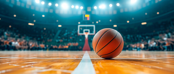 Basketball court with a ball in the background of spectators cheering for the game. Low angle shot
