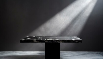  Dark luxury background for product display. Empty marble table in a studio with a beam of light. Mockup, podium display and showcase, studio room, Desk illuminated by spotlight, interior room.