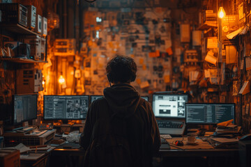 Fototapeta premium Portrait of an unrecognizable hacker performing hacks with multiple computers in a dark room. Image by cybercrime