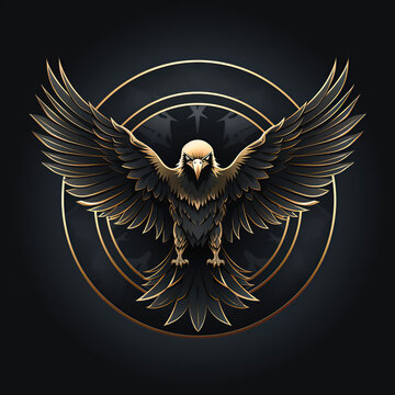 round logo emblem symbol icon with bird eagle hawk falcon on black background