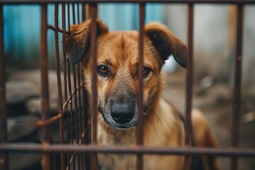 Stray homeless dog in animal shelter cage. Sad abandoned hungry dog behind old rusty grid of the cage in shelter for homeless animals. Dog adoption, rescue, help for, Generative AI 