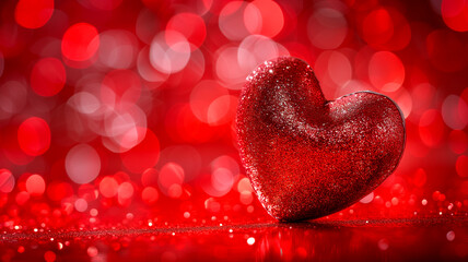 Obraz premium Red Heart and bokeh lights in red background. Sweet and romantic moment. Romantic background for greeting card, banner. Concept Valentine celebration and love declaration. 