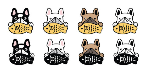 dog vector french bulldog eating fish taiyaki icon cartoon character puppy pet japanese food doodle symbol tattoo illustration clip art isolated design