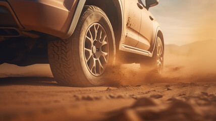 Fototapeta na wymiar Dusty tire on a sun-soaked clay road emits warm hues and gritty texture.