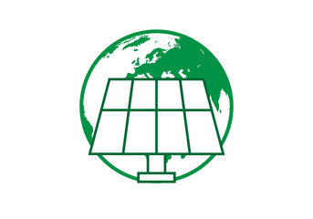 Icono verde de planeta tierra con panel solar. © Gabrieuskal