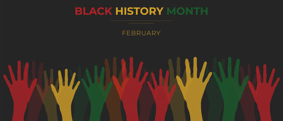 Black History Month 2024 banner. Vector illustration with hands raised. - obrazy, fototapety, plakaty
