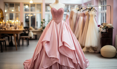 Elegant pink strapless ball gown on mannequin in a bridal boutique with various wedding dresses in the background, romantic bridal fashion and shopping experience
