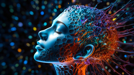 Vivid neural network visualization depicting the concept of consciousness creating reality in accordance with quantum mechanics - obrazy, fototapety, plakaty
