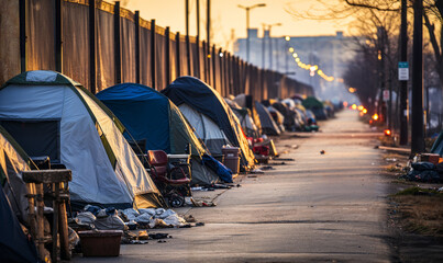 Desolate urban scene with a line of makeshift tents along a street, embodying the harsh reality of homelessness and poverty in the city's shadows - obrazy, fototapety, plakaty