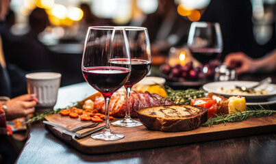 Close-up of a glass of red wine on a bar table with blurred people and charcuterie board in the background at a cozy wine tasting event - obrazy, fototapety, plakaty