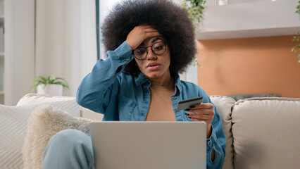African American woman has problem with online shopping internet banking failure insufficient funds...