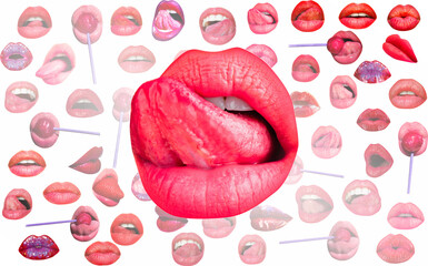Sexy tongue licking sensual lips. Lips and mouth. Red lip background. Sexy lips.
