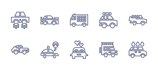 Car line icon set. Editable stroke. Vector illustration. Containing racing car, police car, flying car, car.