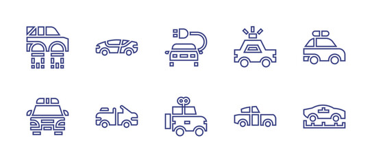 Car line icon set. Editable stroke. Vector illustration. Containing sport car, electric car, safety car, flying car, police car, car, convertible car, classic car.