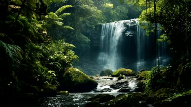 Waterfall scene in tropical forest, animated virtual repeating seamless 4k