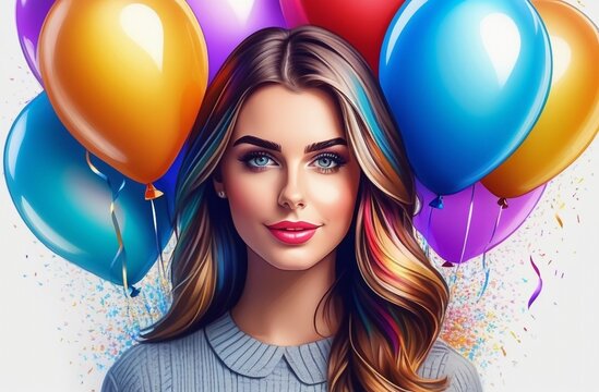 Beautiful young woman with colorful birthday balloons