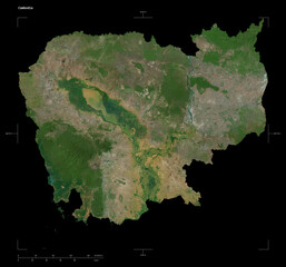 Cambodia shape isolated on black. High-res satellite map