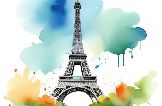 France capital, travelling concept. Eiffel Tower, watercolor illustration of famous Paris sight