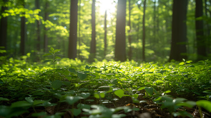Fototapeta premium A lush forest, with vibrant greenery as the background, during a sun-dappled summer afternoon