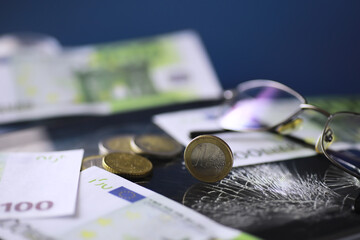 European monetary union, coins and banknotes. One euro to one hundred euros. European Stability...