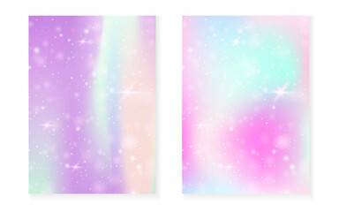 Unicorn background with kawaii magic gradient. Princess rainbow hologram.