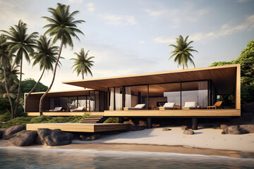 Architektur, modernes Haus an tropischem Strand, Villa mit Pool, erstellt mit generativer KI - 722876401