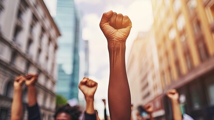 Protestors fists raised up in the air. Voices united, hands raised in solidarity. A strength of peaceful protests and the collective power of those fighting for change. - obrazy, fototapety, plakaty