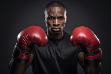 african american man with boxing gloves. Fighter demonstrating classical boxing stance