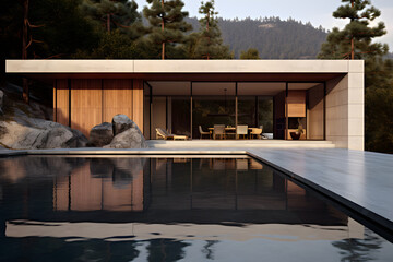 Architektur, modernes Haus in den Bergen, Villa mit Pool, erstellt mit generativer KI - 722876476