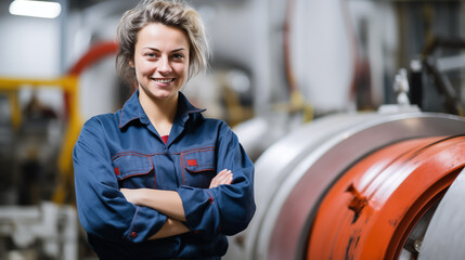 A female mechanical engineer is working in a factory with many machines