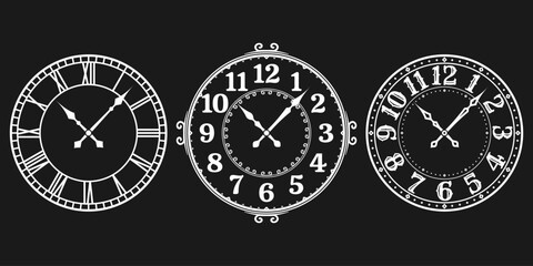 Clock face vintage set. Old wall watch with retro numeral. Antique clock-face design. Vector illustration. - obrazy, fototapety, plakaty