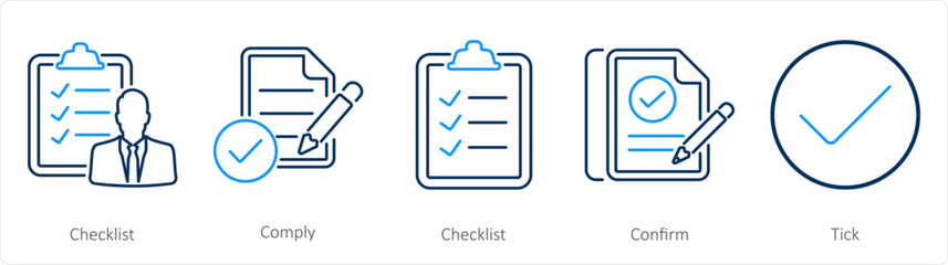 A set of 5 Checkmark icons as checklist, comply, confirm