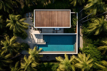 Architektur, modernes Haus an tropischem Strand, Villa mit Pool, erstellt mit generativer KI - 722876683