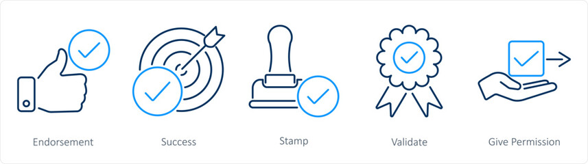 A set of 5 Checkmark icons as endorsement, success, stamp