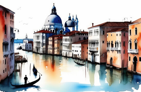 watercolor illustration of Venice, water canals with gondolas. Italy postcard, travelling concept
