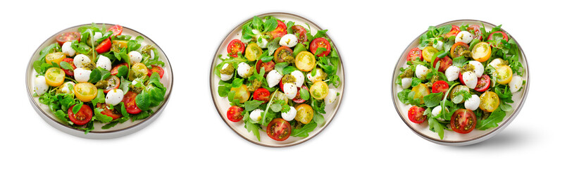 Caprese Salad with Cherry Tomatoes and Pesto Sauce on White Background