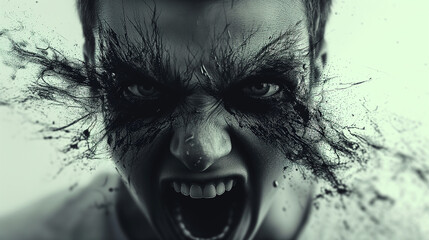 Grey-Scale portrait of an angry screaming young man with black hate spraying out of his eyes.  - obrazy, fototapety, plakaty